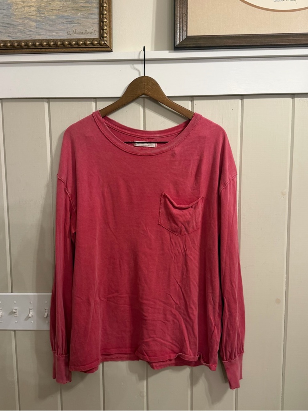 We The Free Oversized Distressed Long Sleeve Tee in Bright Rose Pink, Size XS